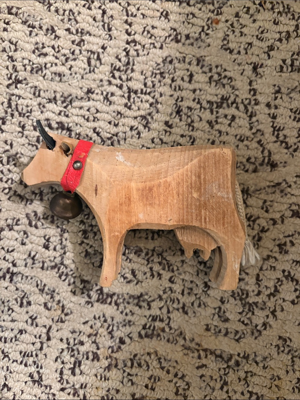 Vintage/primitive Hand-Carved Wooden Cow Figurine with Red Collar and Bell